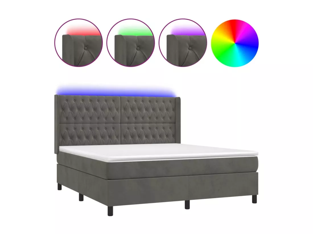 Sommier tapissier matelas et LED Gris foncé 180x200 cm Velours