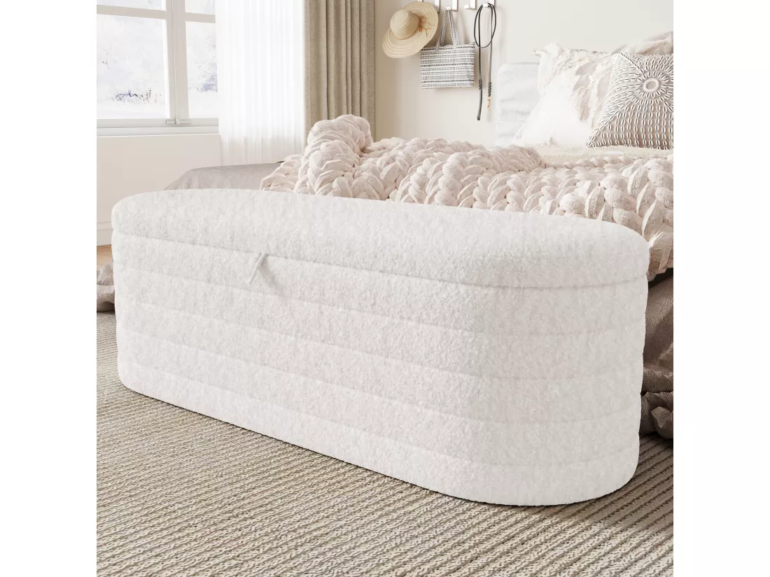 Banc de rangement 120x40x40 cm - en tissu peluche - Blanc