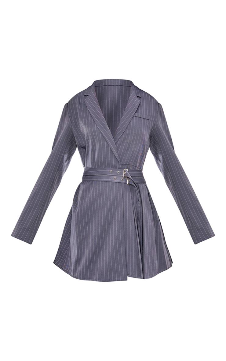 Gris Robe Blazer Cintrée À Fines Rayures