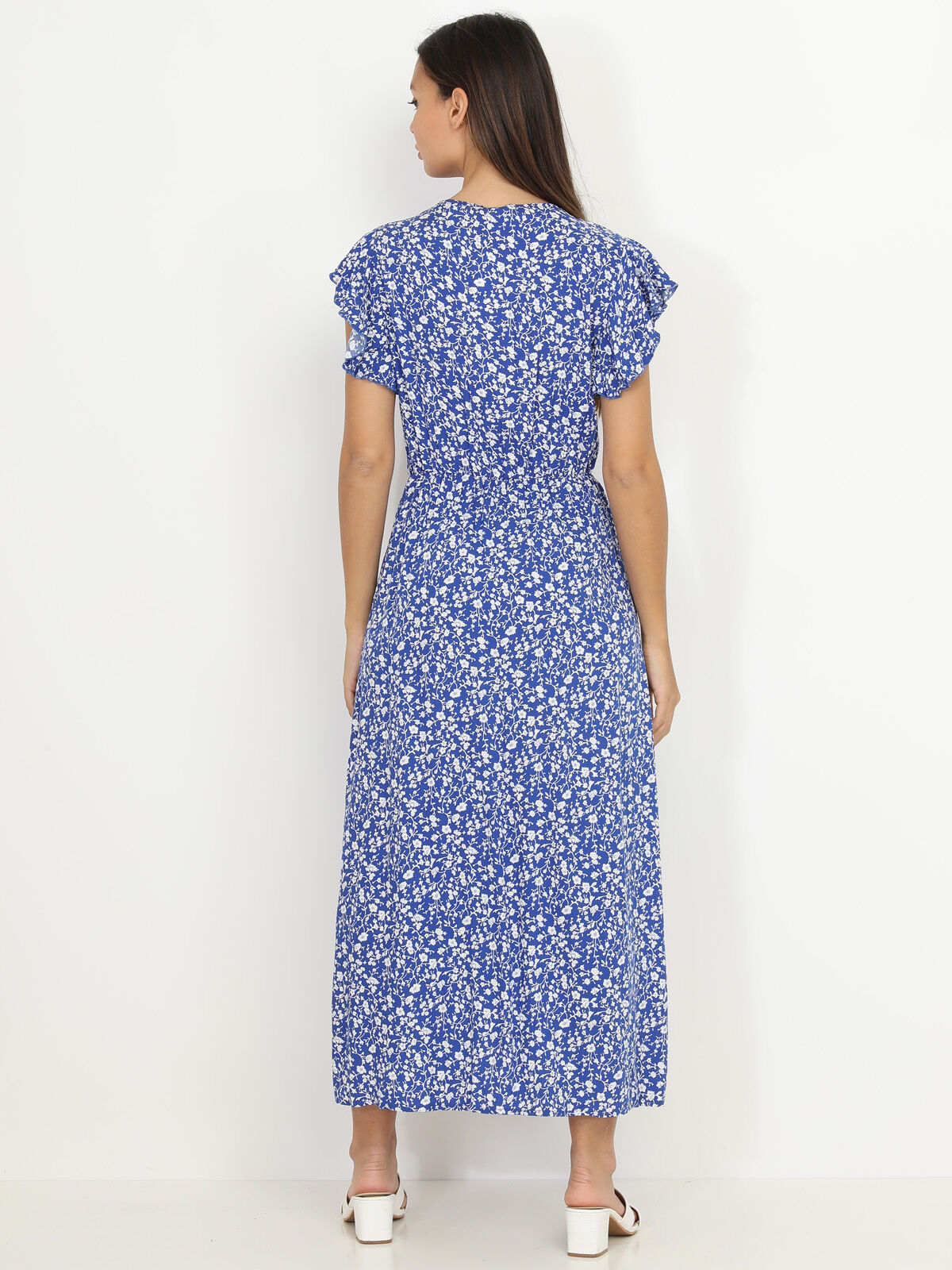 Robe longue fendue bleue à fleurs et volants Bleu- Bleu