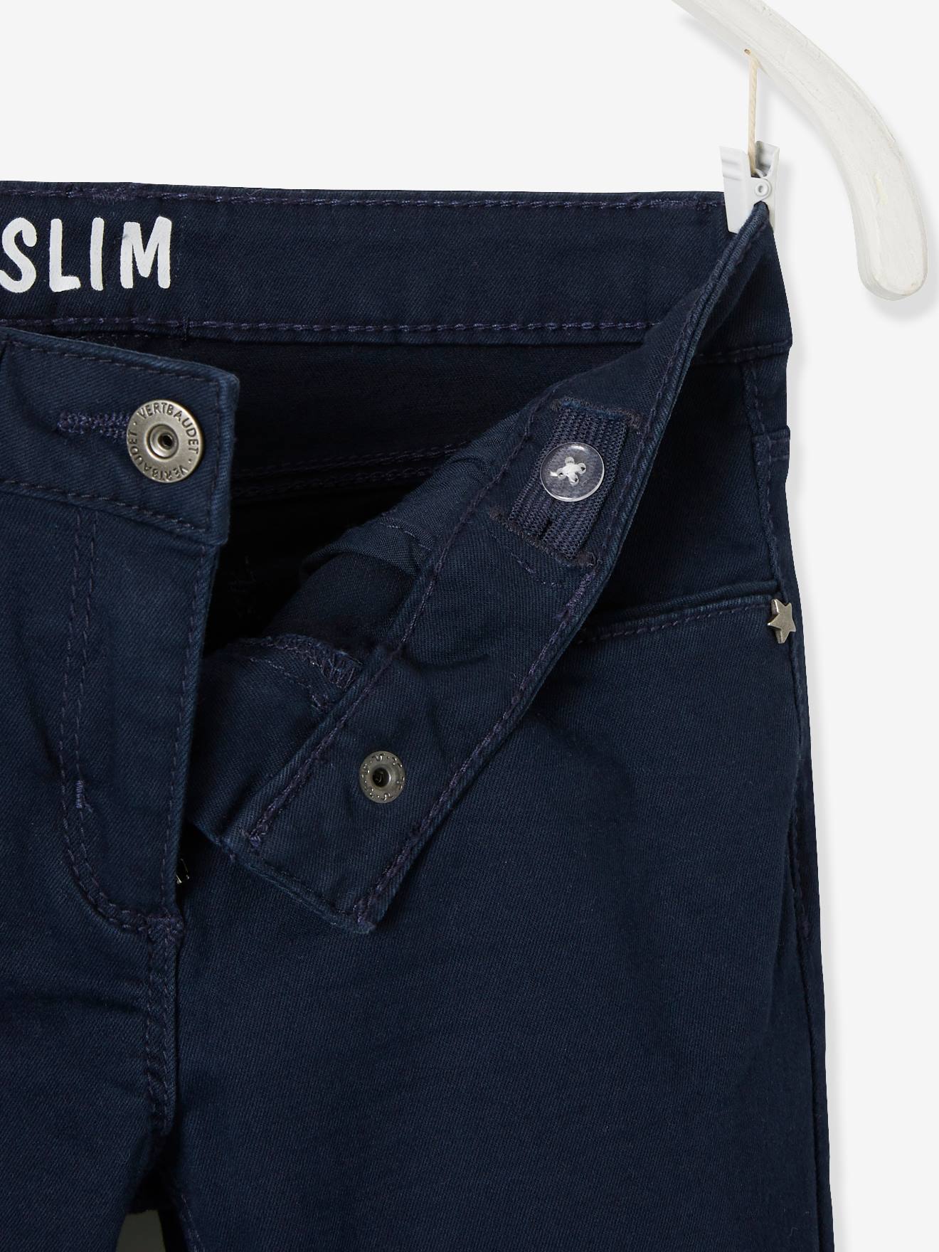 Calça feminina slim fit Morphologik, para quadris largos, tamanho STANDARD, cor azul-escura lisa.