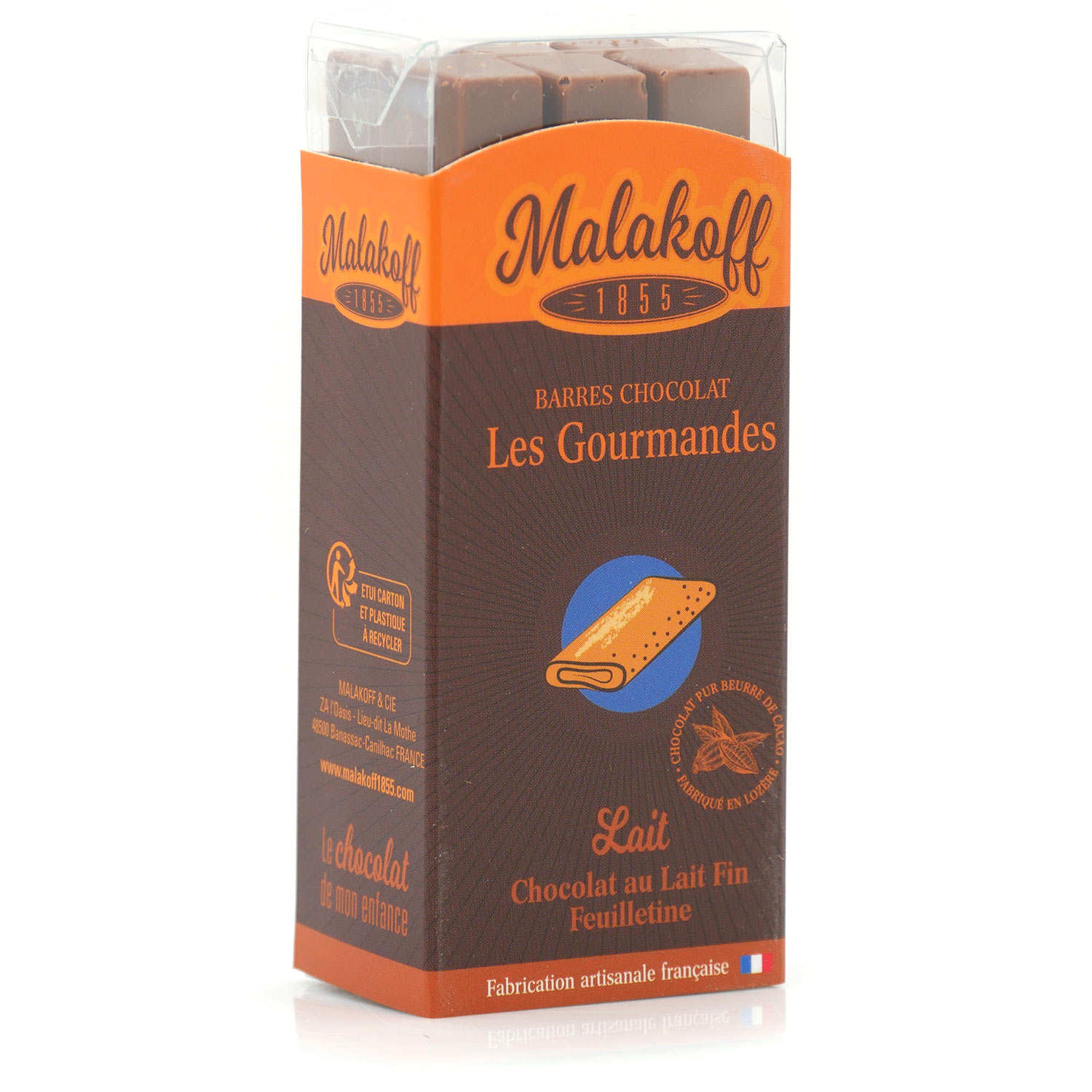 Barres de chocolat Malakoff 1855 au lait fin et feuilletine sans emballage