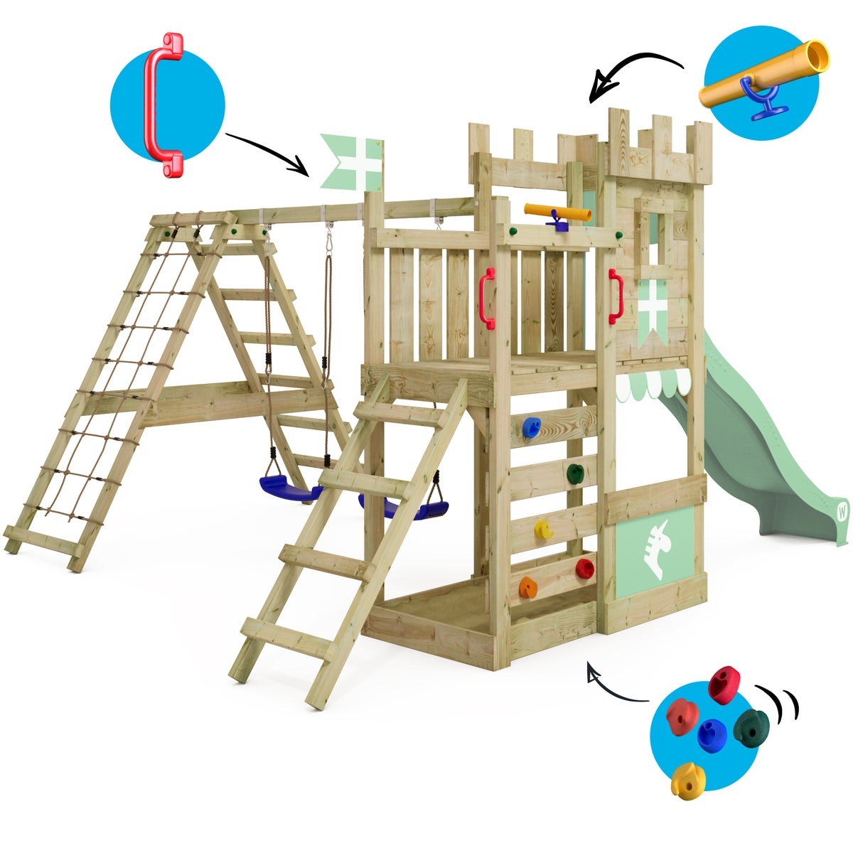 WICKEY DragonFlyer Castle Speeltoren met Schommel en Glijbaan, Speelhuis met Zandbak, Klimladder en Speelaccessoires – Pastelgroen