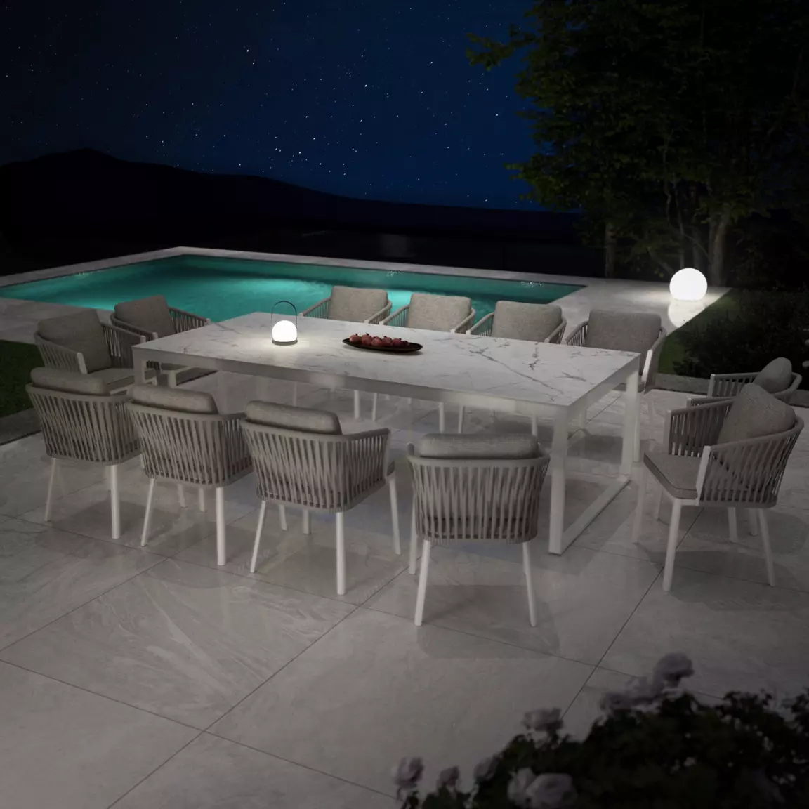 Table de jardin en aluminium et céramique 12 places (260 x 120 cm) Kore Blanc marbré
