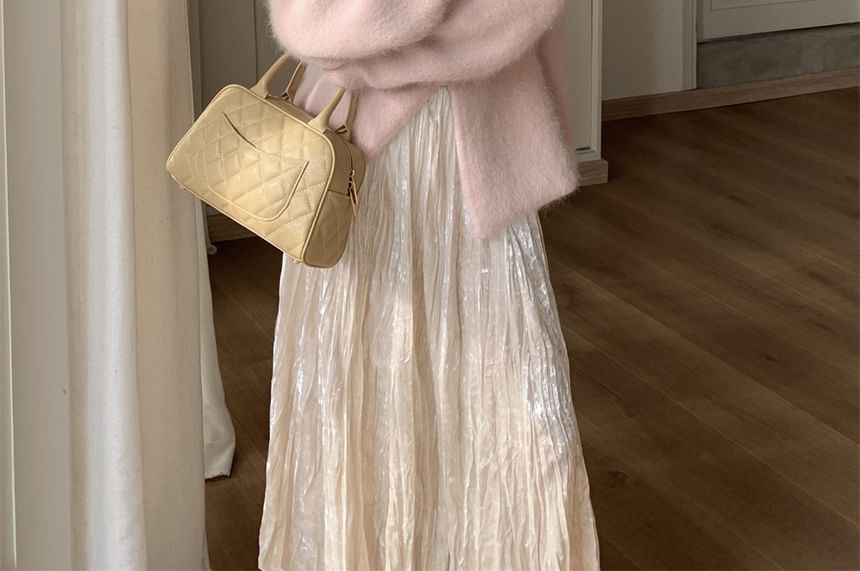 Duwnie - V-hals effen trui met strik en split / Hoge taille effen fluwelen maxi-A-lijn rok