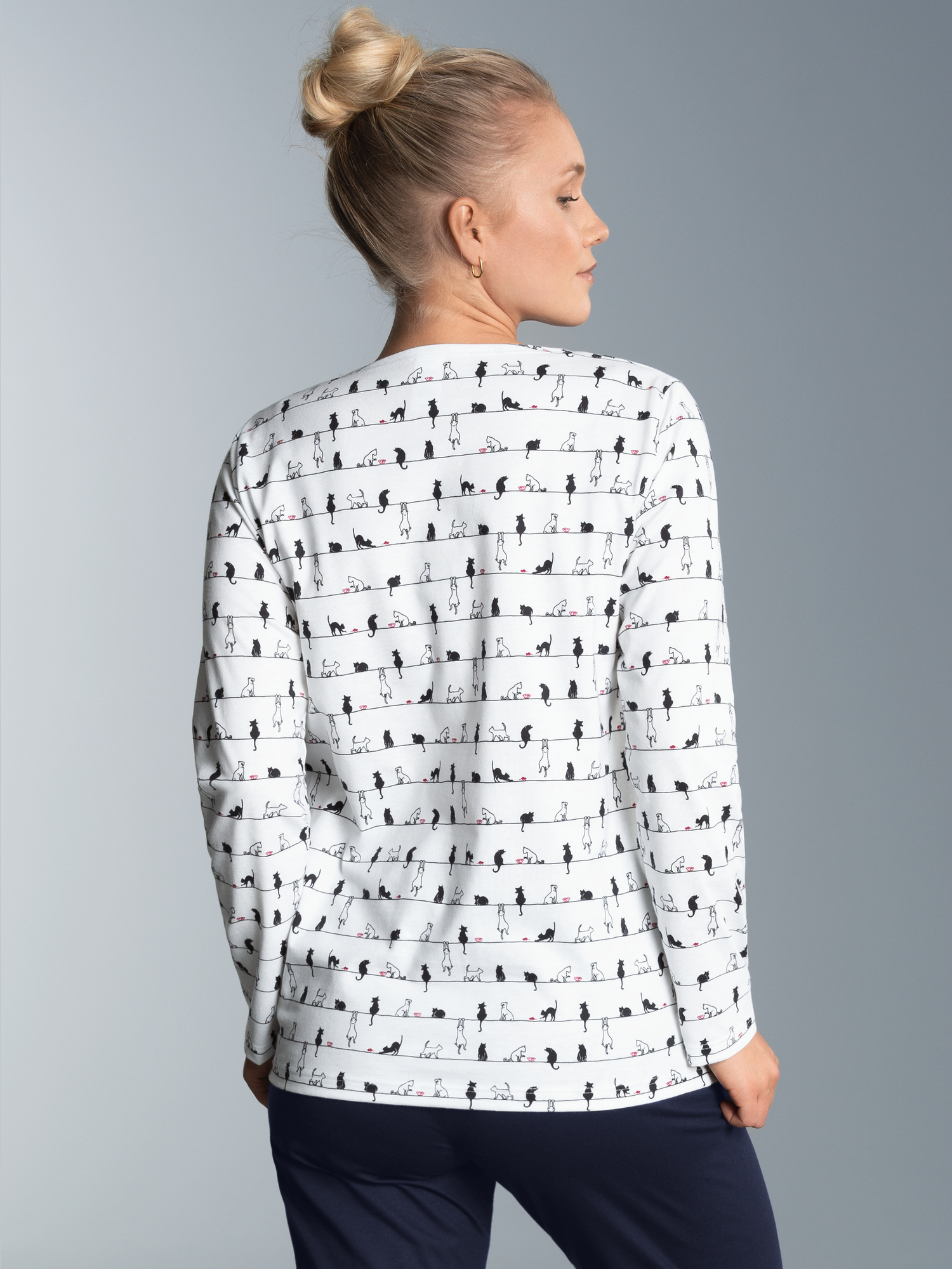 Langarmshirt mit Katzenmotiv Weiss