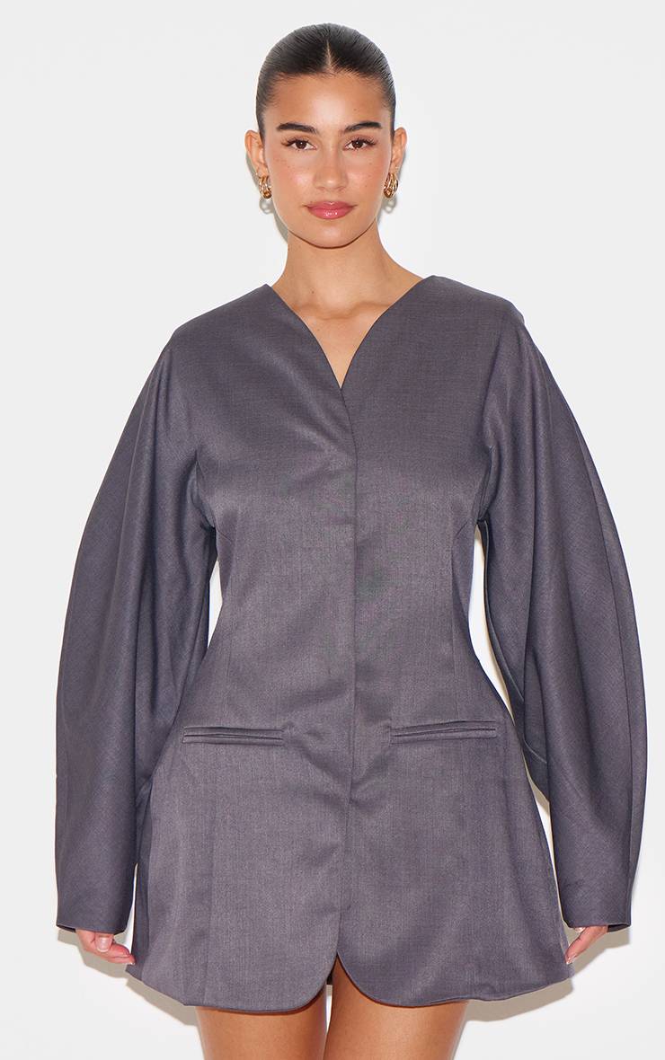 Charbon Robe Blazer Sans Col En Tissu Tissé À Manches Ballon