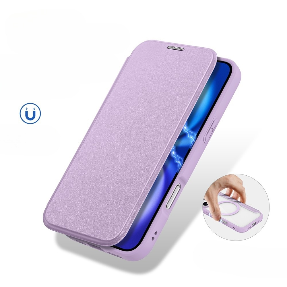 iPhone 17 MagSafe Hybrid Leder Tasche   Kunststoff Rückseite (RFID Schutz) - Lila / Transparent