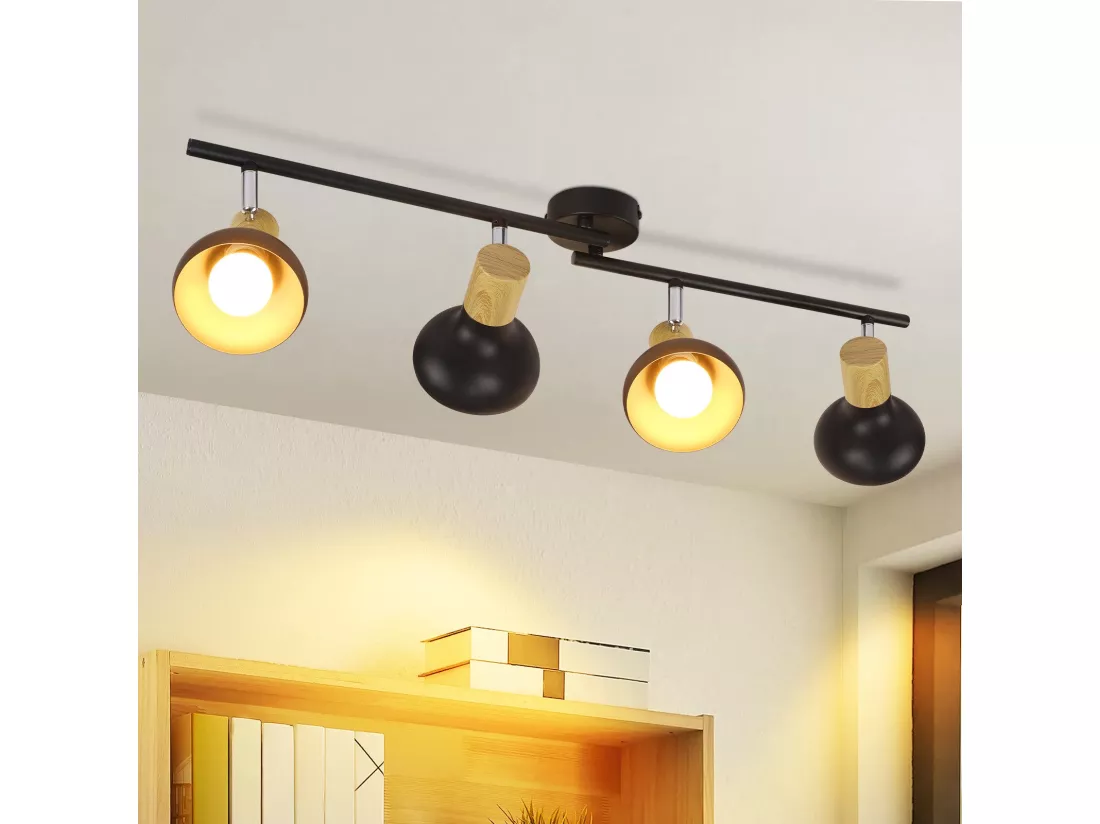 NETTLIFE Spot de plafond vintage E14 intérieur 350° orientable noir Pivotant 350° Industriel 4 flammes rond