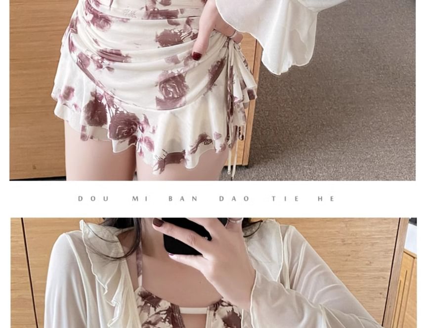 Starleraid - Set: Halter badpak met bloemenprint en sleutelgatkoord + effen geplooid jasje