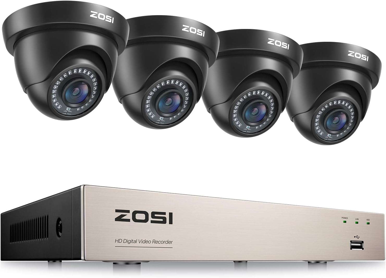 ZOSI Außen 1080P Video Überwachungssystem 8CH H.265+ 4in1 DVR mit 4 HD 1080P 2.0MP Dome Überwachungskamera Set, 24M IR Nachtsicht