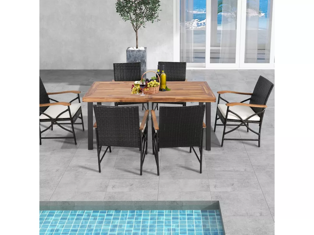 Fauteuil de Jardin Éxterieur Lot de 2 avec Coussins, Chaise Jardin Exterieur en Rotin et fibre naturelle PE avec Accoudoirs en Bois, Cadre en X, Hauteur d'Assise 40 cm, pour Salon, Terrasse, Patio