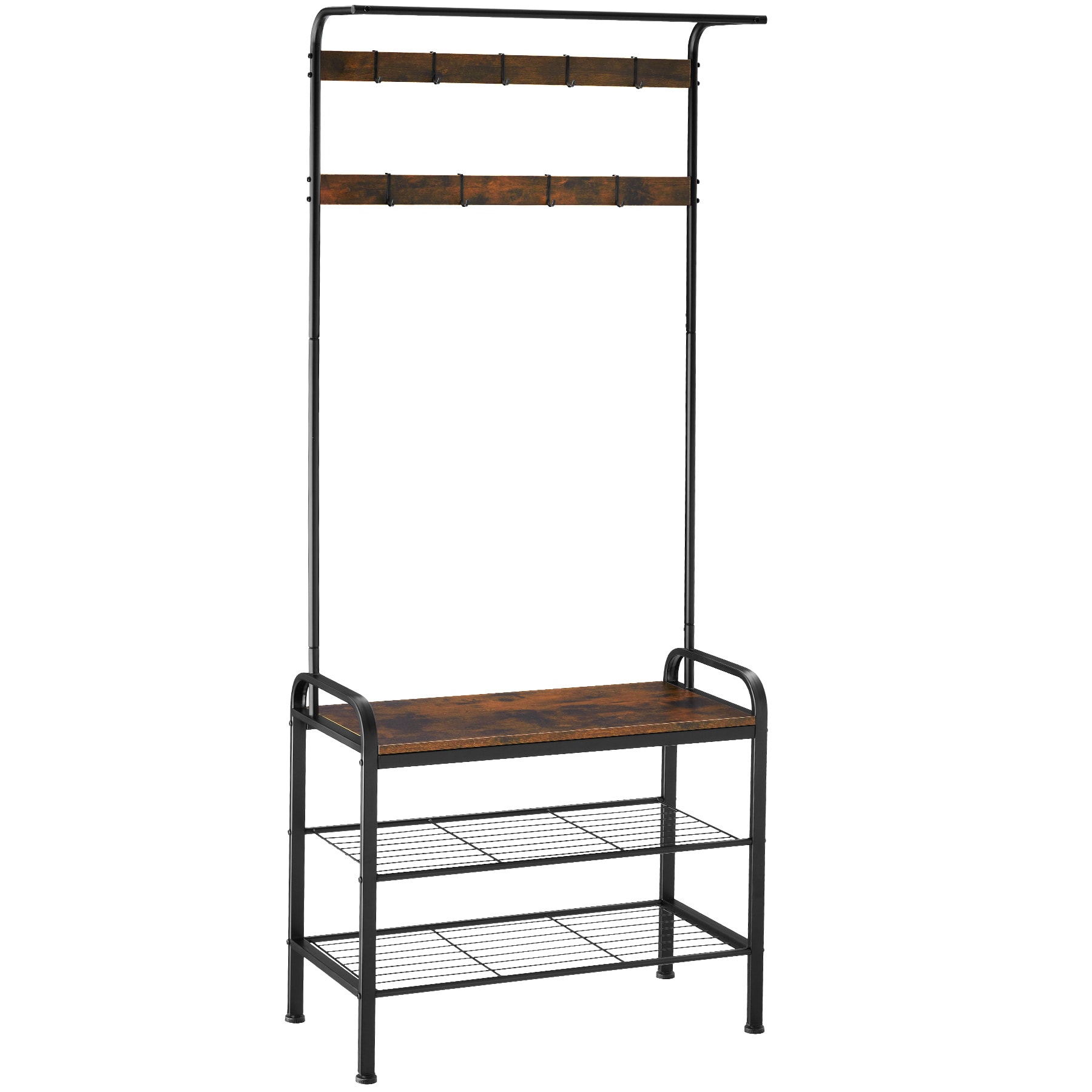 tectake® Garderobenständer, Industrial Style, mit Sitzfläche, 2 Gitterablagen und 9 abnehmbaren Haken, inklusive Kippschutz, 73,5 x 36 x 184 cm
