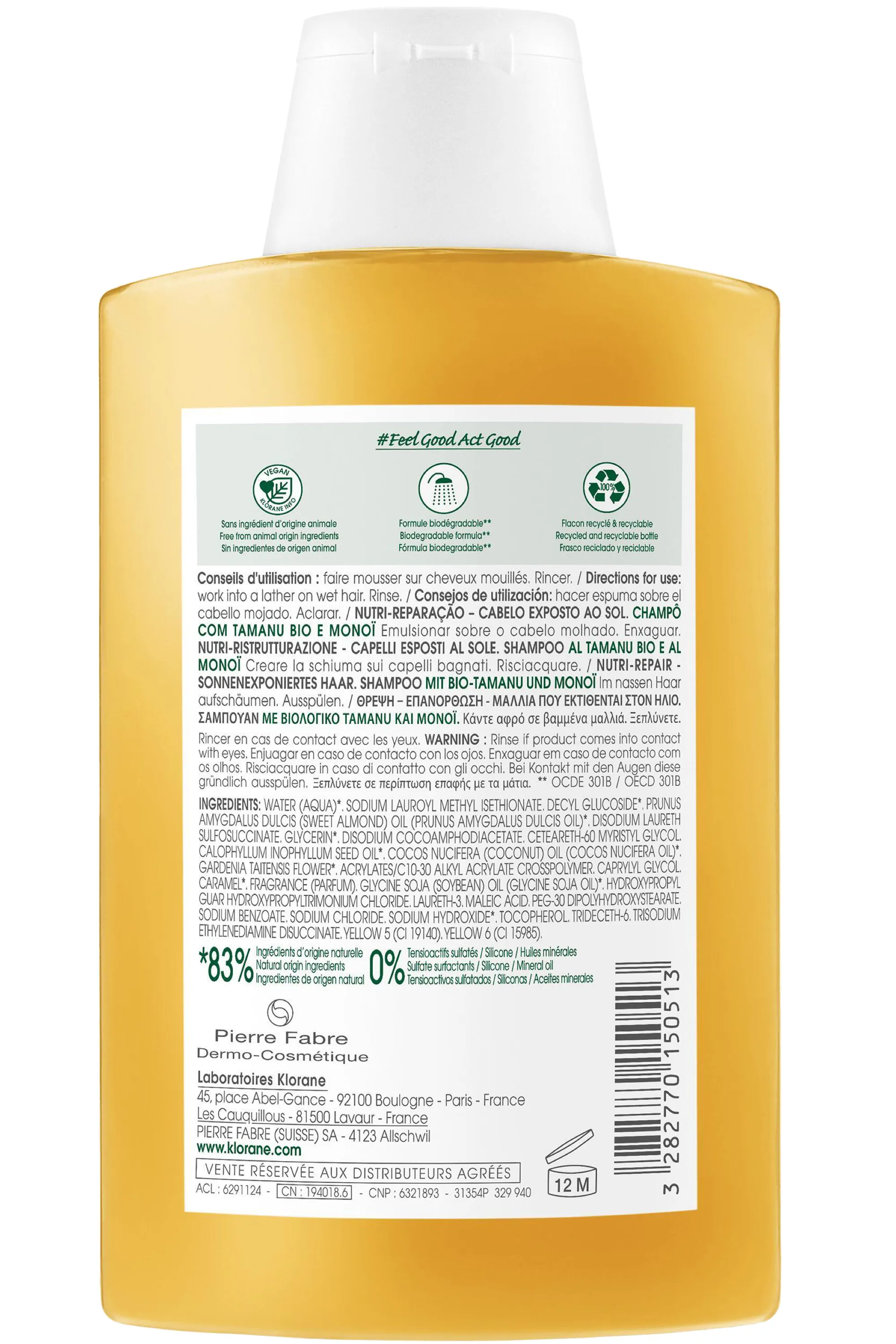 Klorane Shampoing nutritif après-soleil au Monoï & Tamanu bio-200 ml