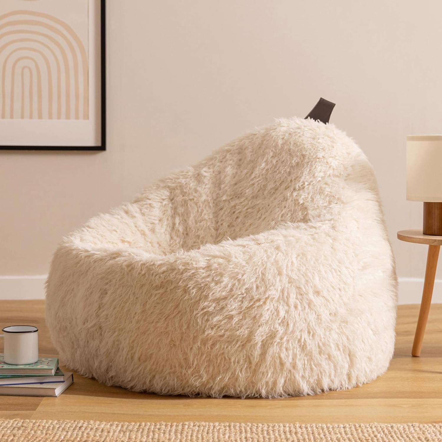 Icon Cocoon Sitzsack Sessel, Creme, Flauschiger Kunstpelzstoff, Sitzsack Erwachsene mit Füllung, Bean Bag, Flauschig Lounge Sessel, Lounge Stuhl, Schlafzimmer, Wohnzimmer, Wohnzimmer Möbel