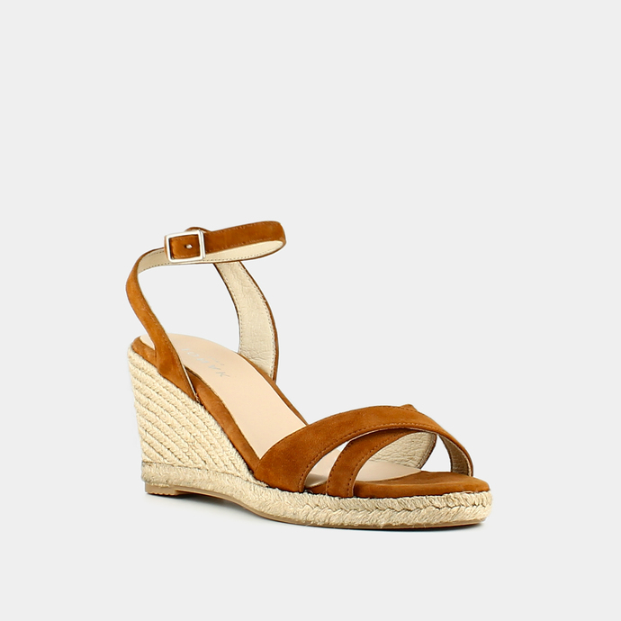 Espadrilles à talons hauts et brides  en croute cognac