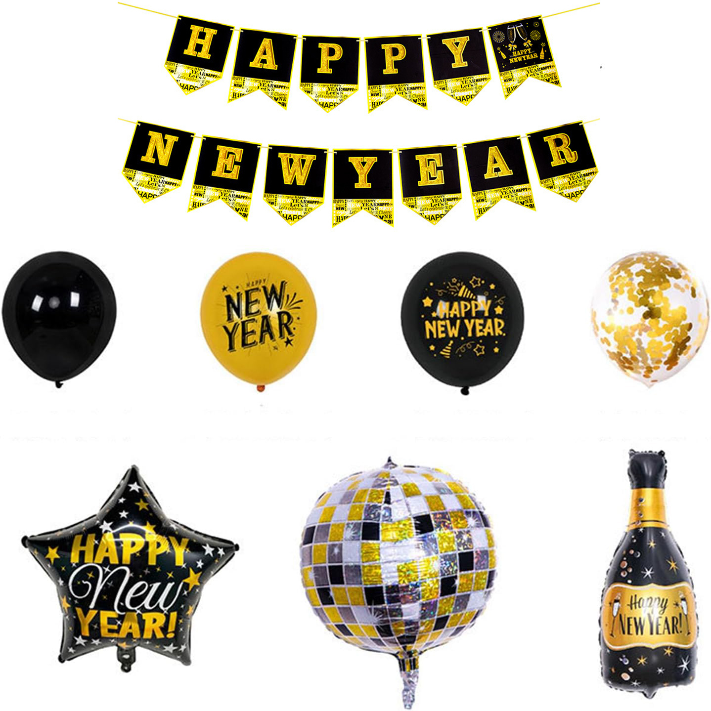 (36-tlg. Set) Happy New Year Girlande Silvester Party Dekoration   Folien Ballons / Latex Luftballons - Gold / Schwarz
