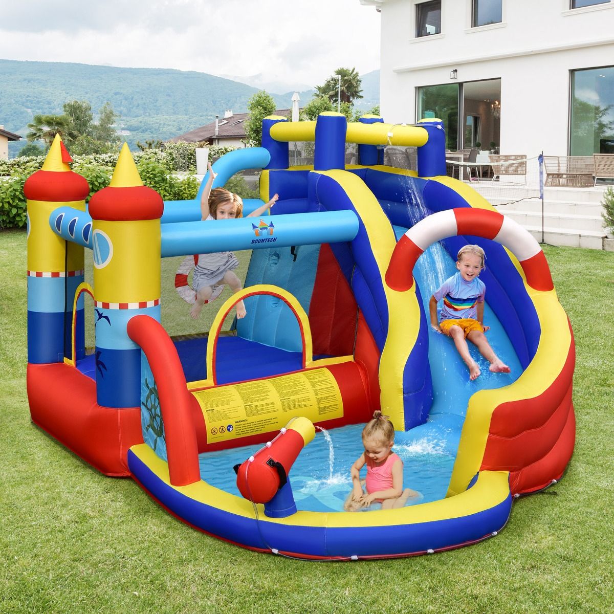 Château Gonflable Style Bateau avec Toboggan Incurvé Zone de Saut Mur d'Escalade avec Gonfleur 450 W - Lidl-Manfred