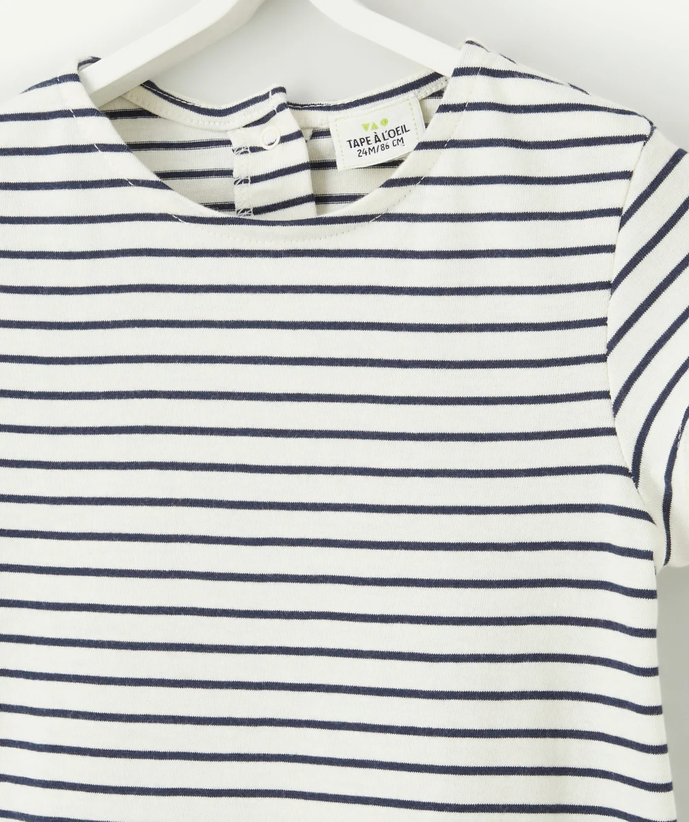 T-SHIRT BÉBÉ FILLE EN COTON BIO RAYÉ BLEU MARINE ET ÉCRU
