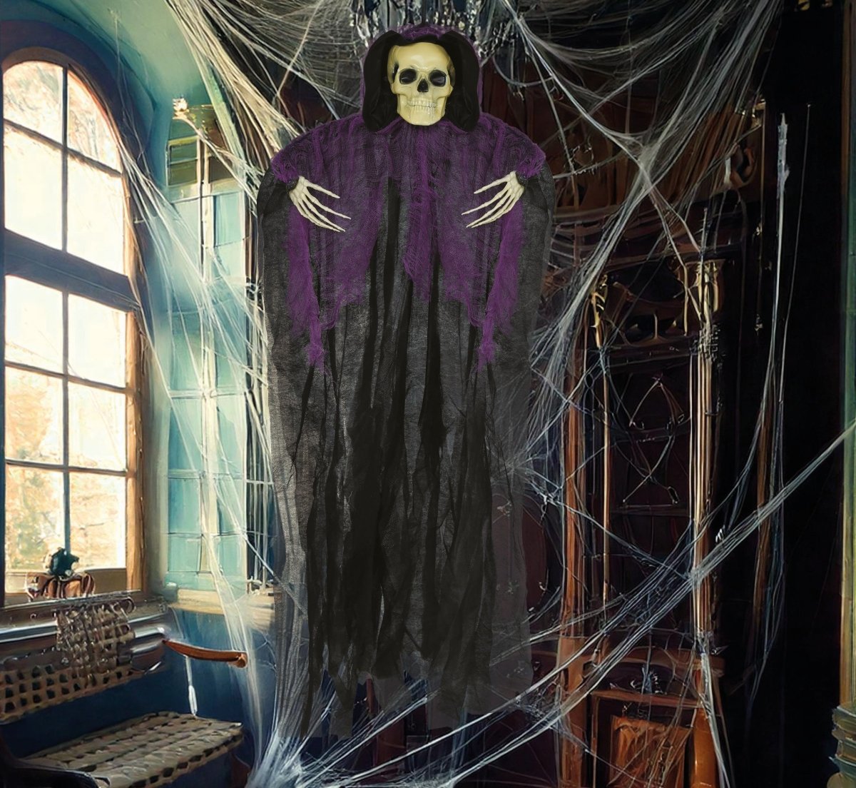 Halloween Skelet Zwart Paars Skelet 90cm