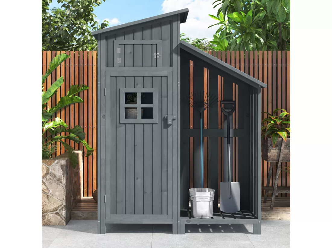 Abri de jardin en bois massif avec toit pente en PVC - 2 étagères 3 portes loquets - L124 x P46 x H174 cm - Gris