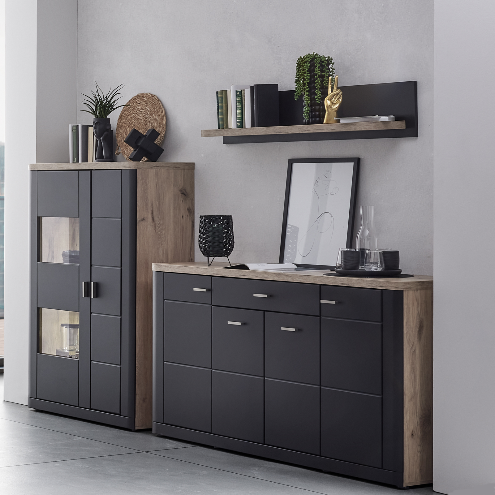 Highboardvitrine GAME - Nox Oak-schwarz - 91 cm
