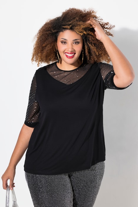 T-Shirt, Classic Fit, Mesh mit Pailletten, Jersey-Unterlage