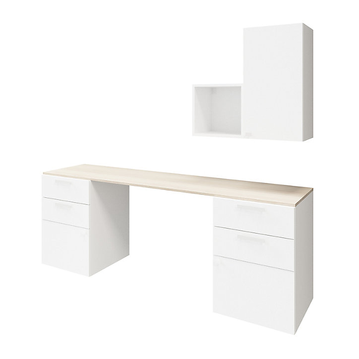 Bureau avec meubles suspendus blancs et effet chêne GoodHome Atomia L. 260 cm