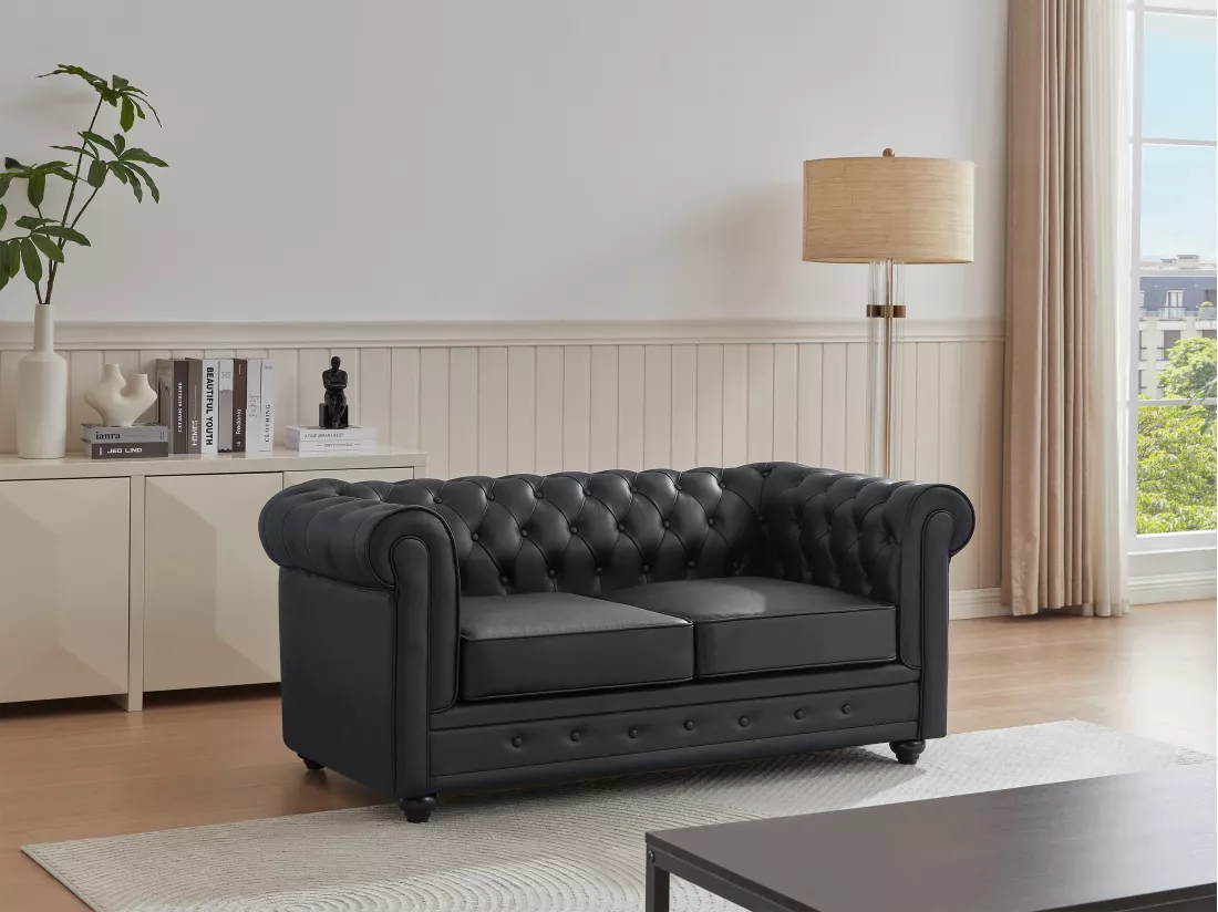 Canapé 2 places en cuir de buffle noir CHESTERFIELD