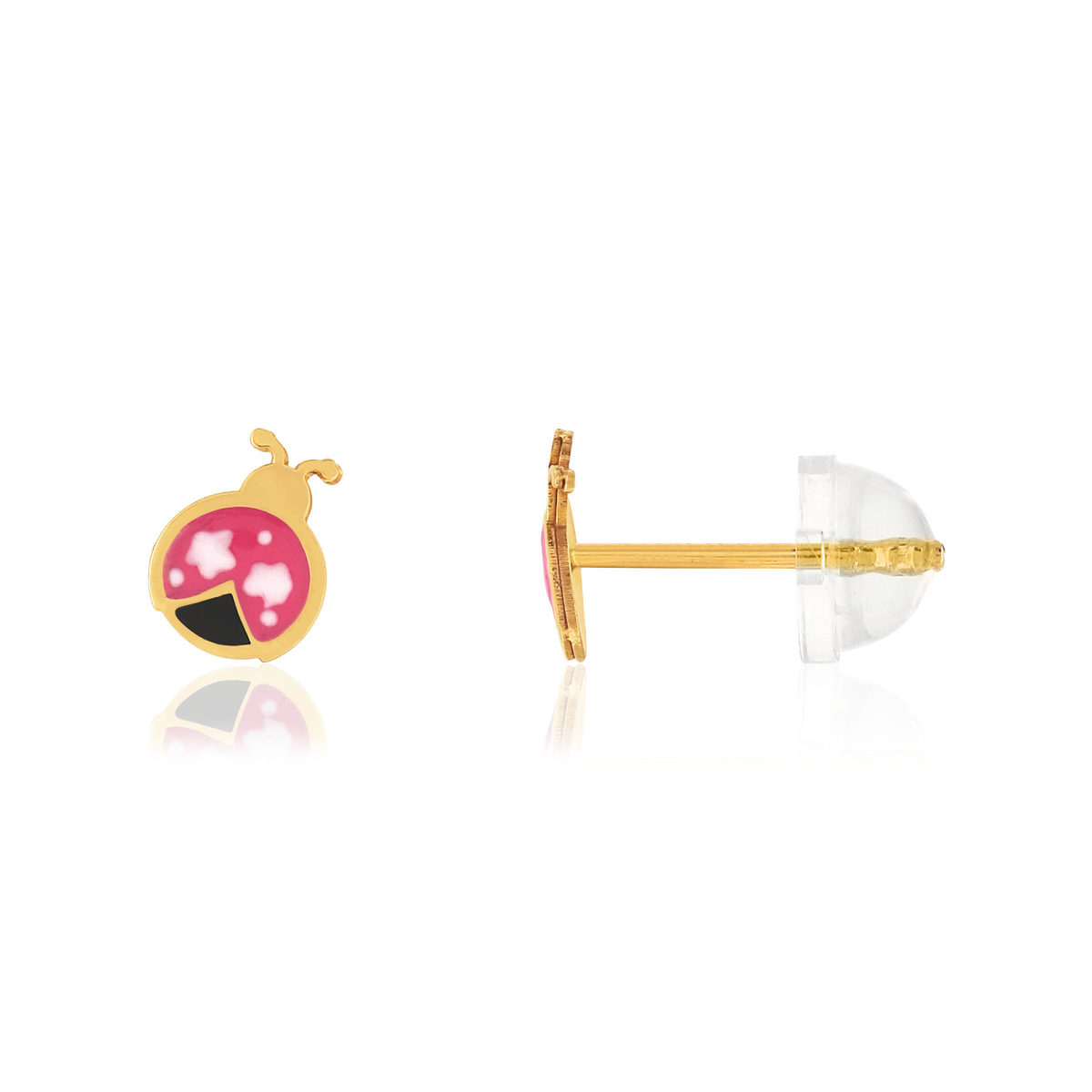 Boucles d'oreilles or jaune 375, laque. Motif coccinelle.