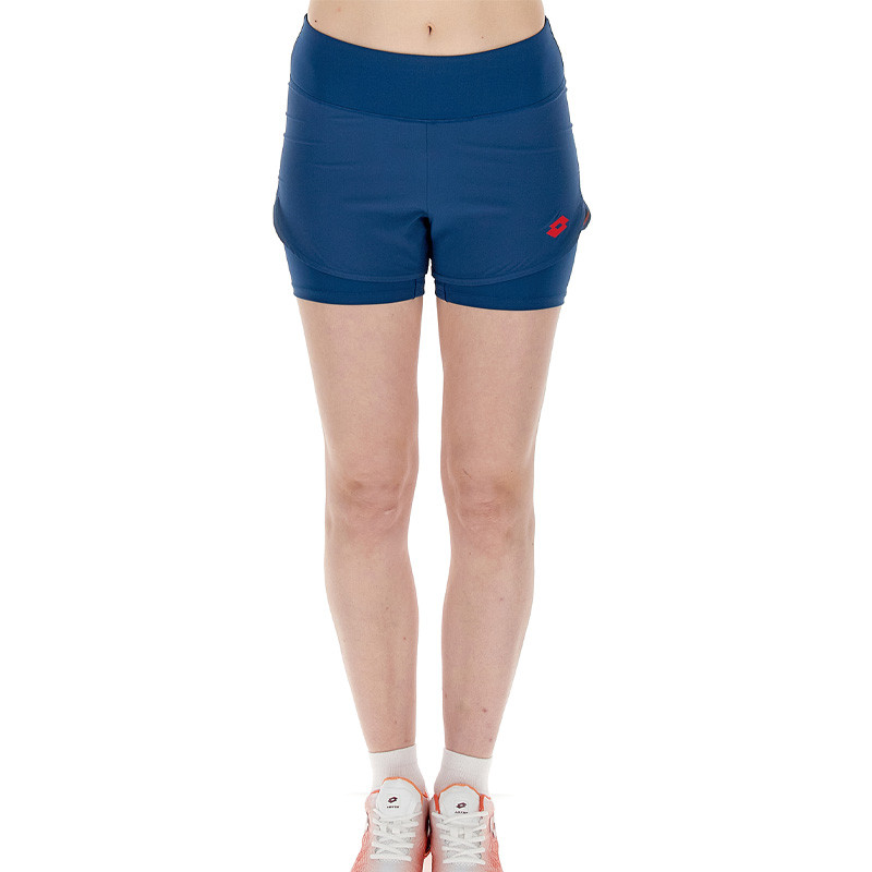 Short de tennis femme Lotto D1 Tech bleu avec shorty intégré
