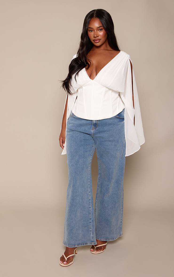 Blanc Haut Grande Taille Style Corset À Décolleté Plongeant En Mousseline