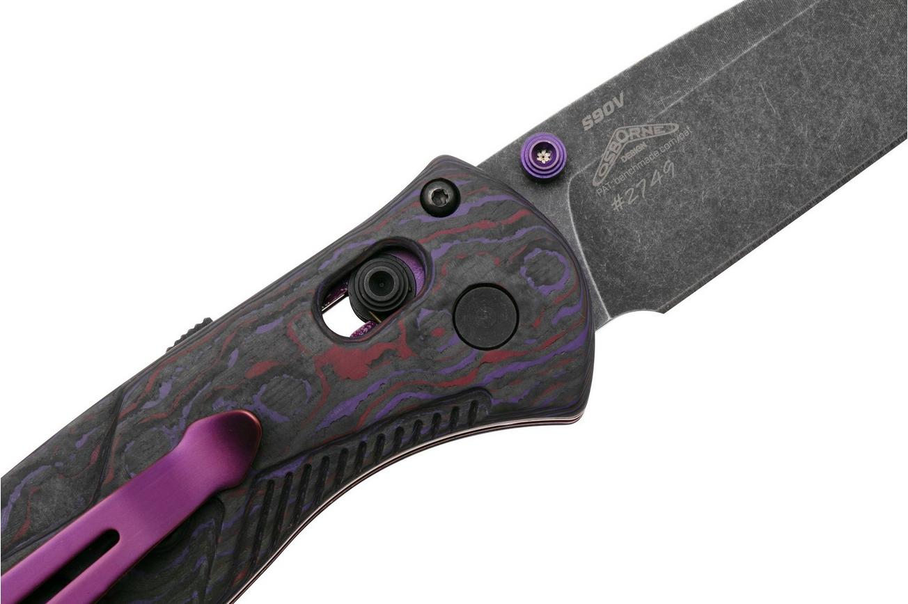 Benchmade Mini Barrage 585BK-251 Black DLC Battlewash CPM S90V, Purple Haze FatCarbon, Gold Class 2025 Limited Edition, zakmes