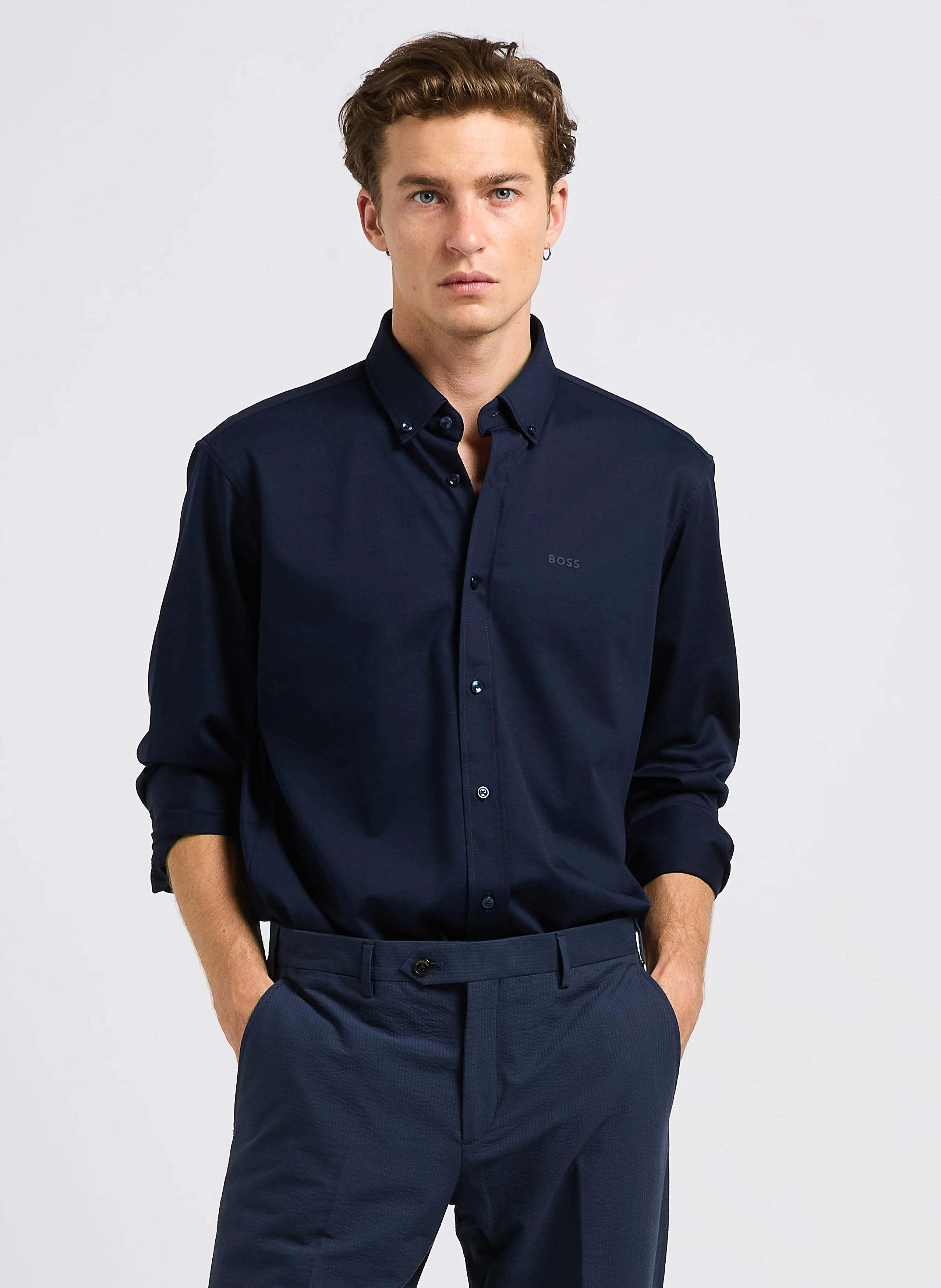 Chemise regular-fit à col classique en coton mélangé | Bleu