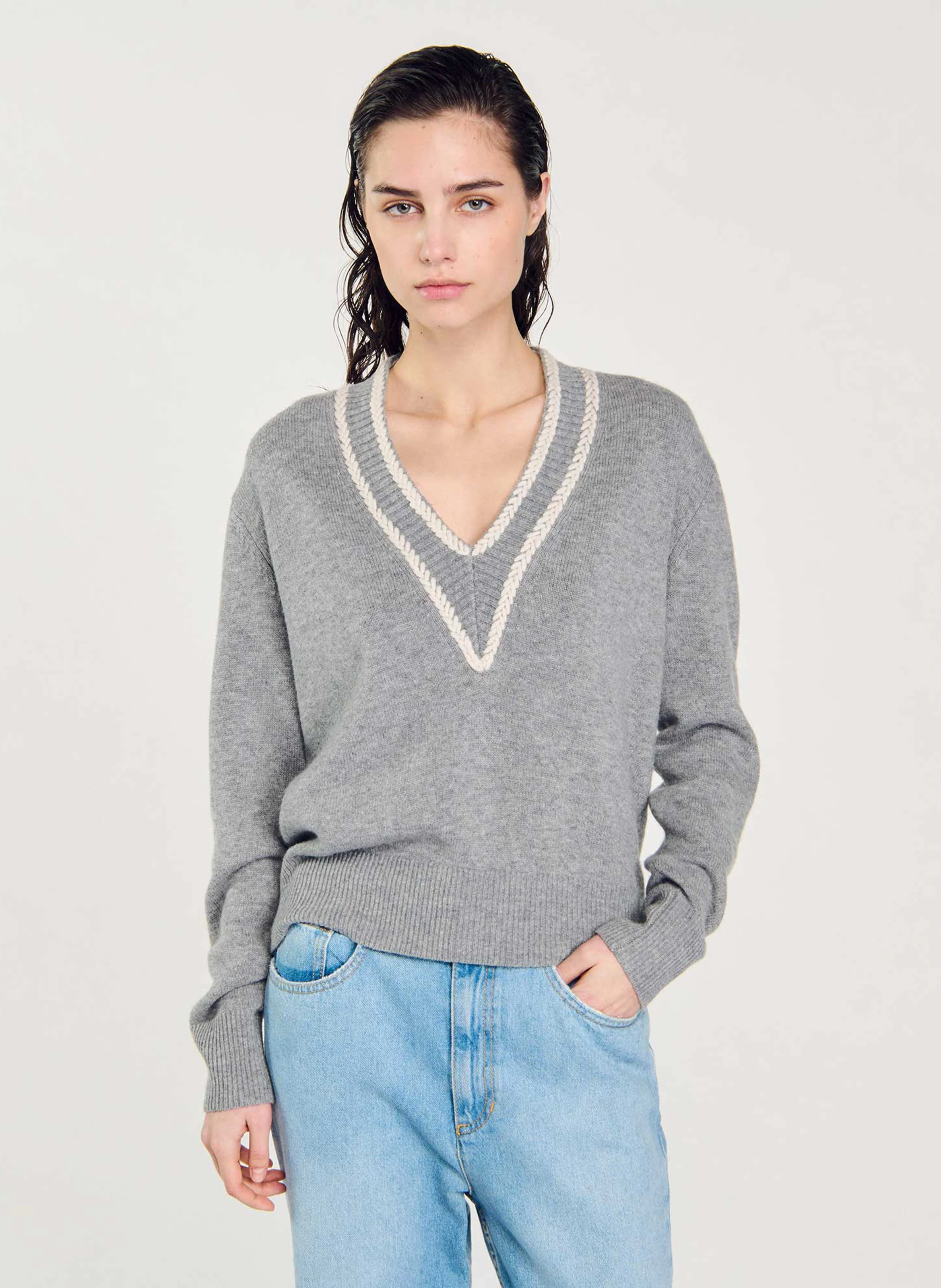 Pull col V en laine et cachemire | Gris