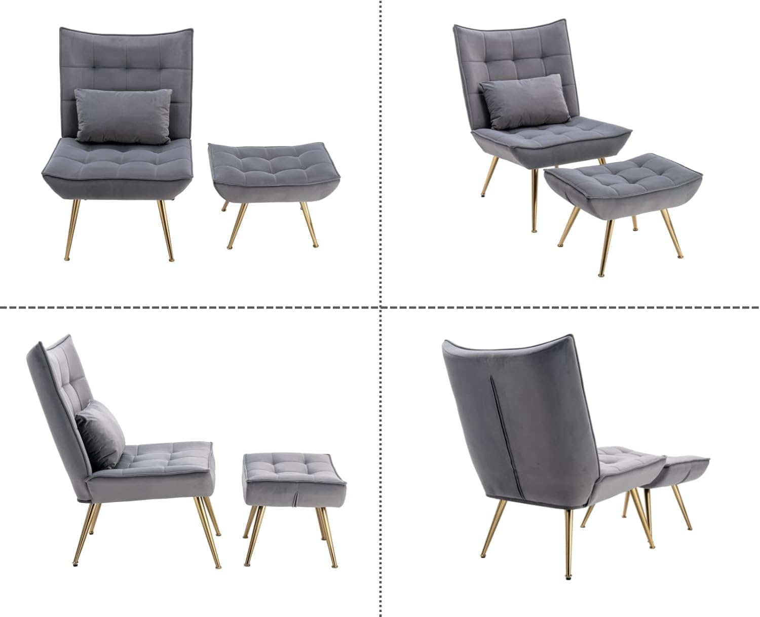 Loungesessel Sessel mit Hocker, Relaxsessel Ohrensessel Polsterstuhl mit Kopfkissen Goldenen Metallbeinen aus Samt, Fernsehsessel Lesesessel für Schlafzimmer Wohnzimmer, Grau