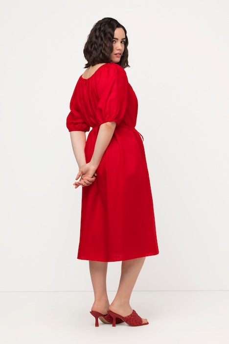 Midikleid, Bindegürtel, Rundhals, Ballon-Halbarm