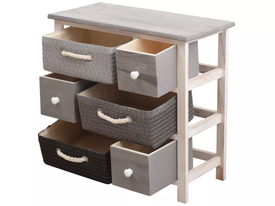 Meuble Commode 6 Tiroir Bois Osier Gris Blanc Rustique 53x56x27