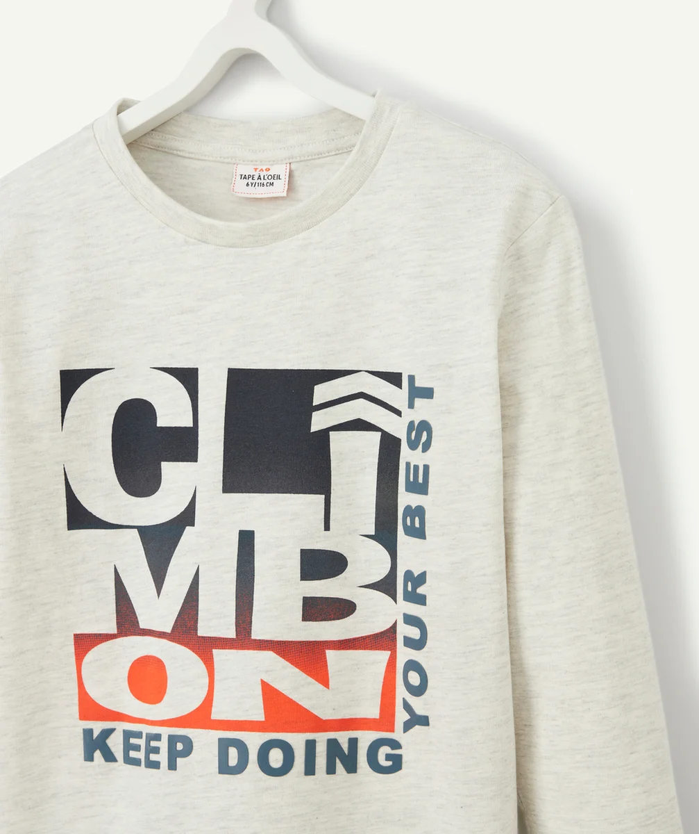 T-SHIRT GRIS CHINÉ EN COTON AVEC MESSAGE FLOQUÉ GARÇON