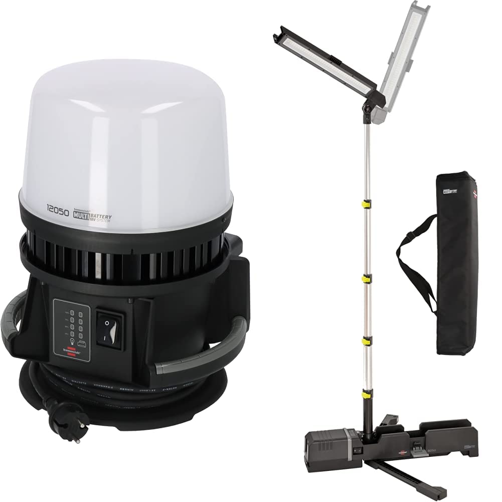 Brennenstuhl Multi Battery LED 360° Hybrid Baustrahler 12050 MH, schwarz, grau & Multi Battery LED Akku Teleskop Arbeitsstrahler 6050 MA(7700lm, IP54, höhenverstellbar bis 140cm), schwarz, grau