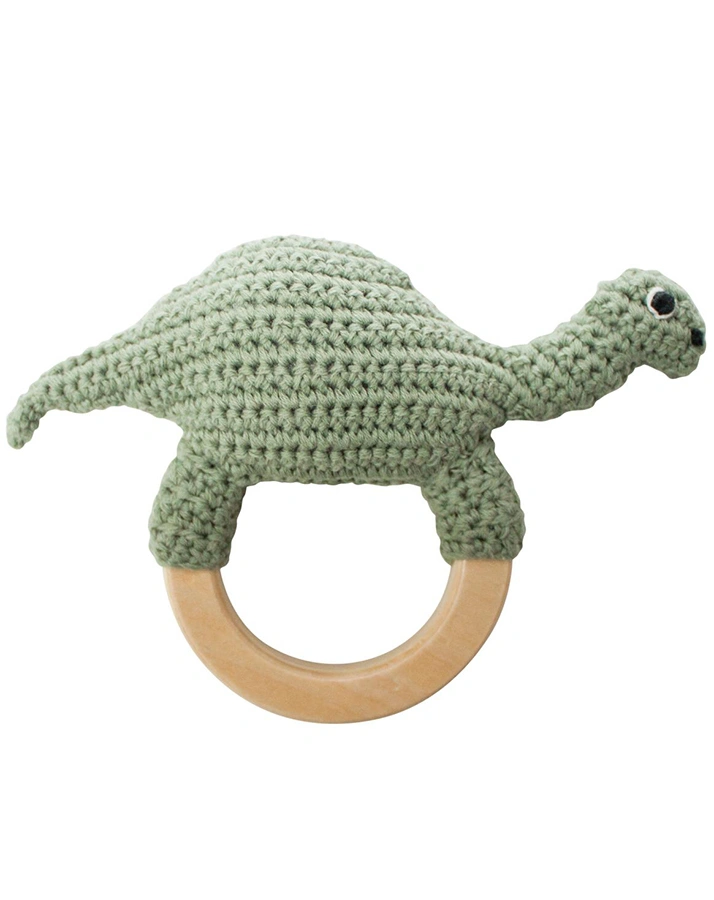 Häkel-Rassel DINO auf Holzring in grün