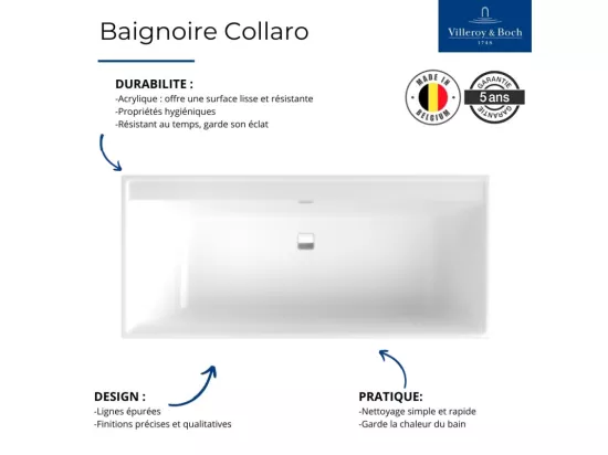Baignoire droite 180 X 80 VILLEROY ET BOCH Collaro acrylique stone white trop plein champagne