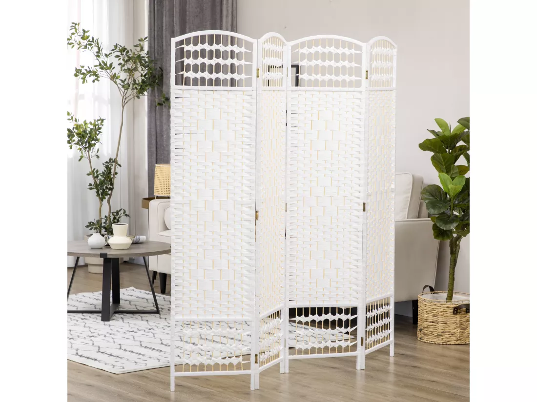 Paravent intérieur 4 panneaux pliables séparateur de pièce bois de peuplier bambou fibres de papier tressée blanc paille