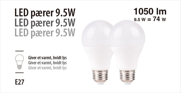 LED-pærer standard 9,5 W E27 - 2-pk.