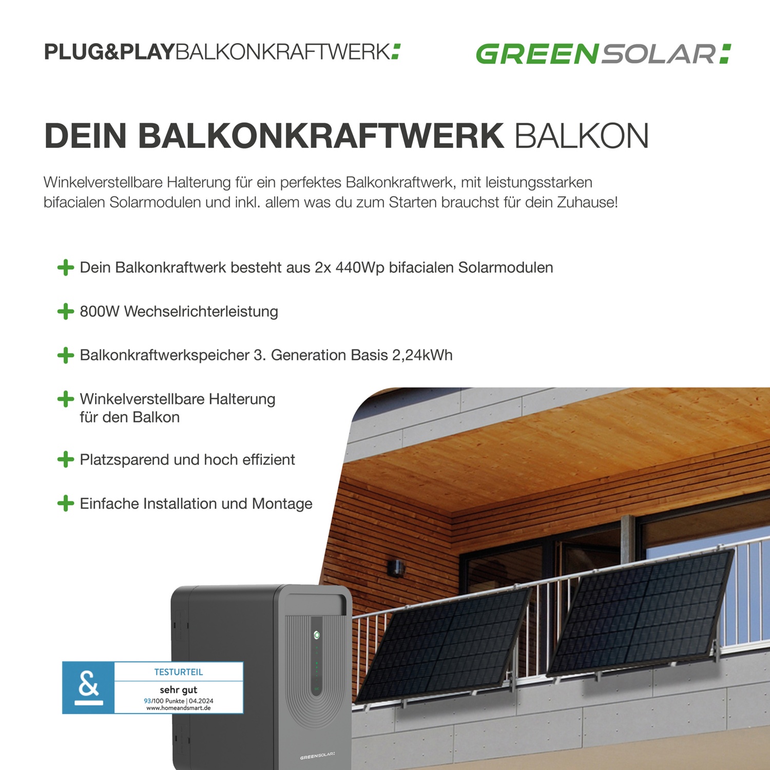 GREEN SOLAR Balkonkraftwerk 900/800 W inkl. Batterie