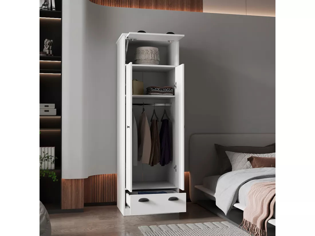 Armoire 2 portes en mélamine, avec tiroir à rail métallique, 178.99 cm X 59.20 cm X 50.01 cm , Blanc