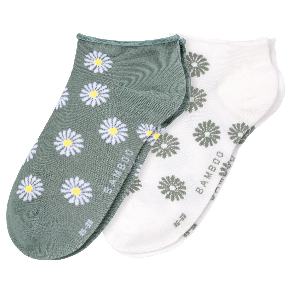 Gina Benotti 2 Paar Damen Sneaker-Socken mit Blümchen weiss / dunkelgrün