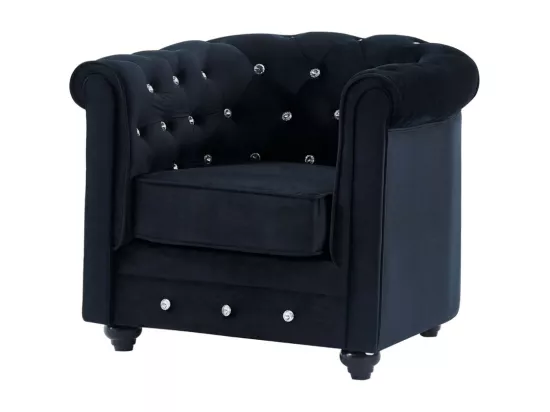 Canapé 3 places et fauteuil CHESTERFIELD - velours noir et boutons effet cristal
