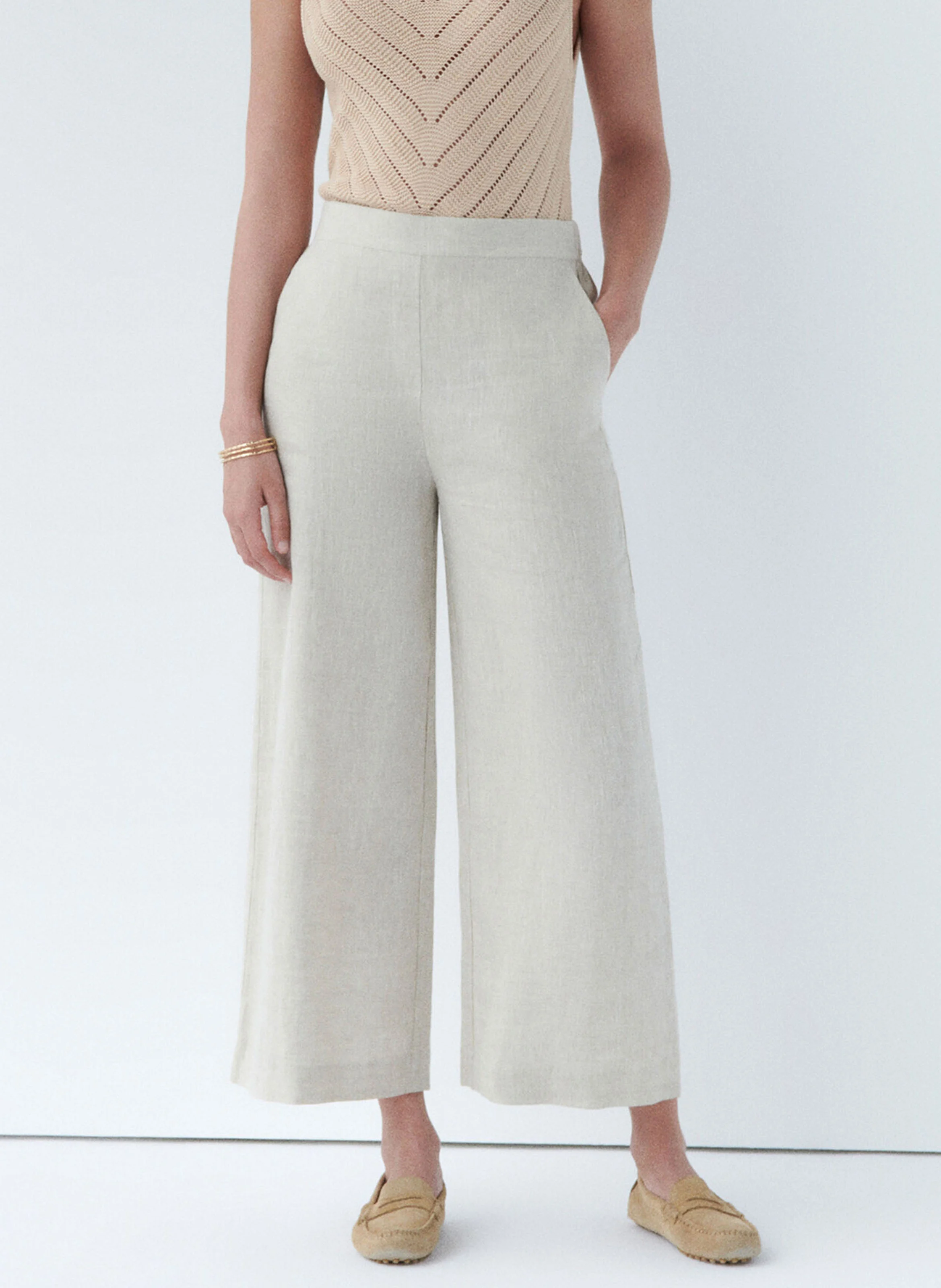 PANDI - Pantalon large taille haute en lin | Beige