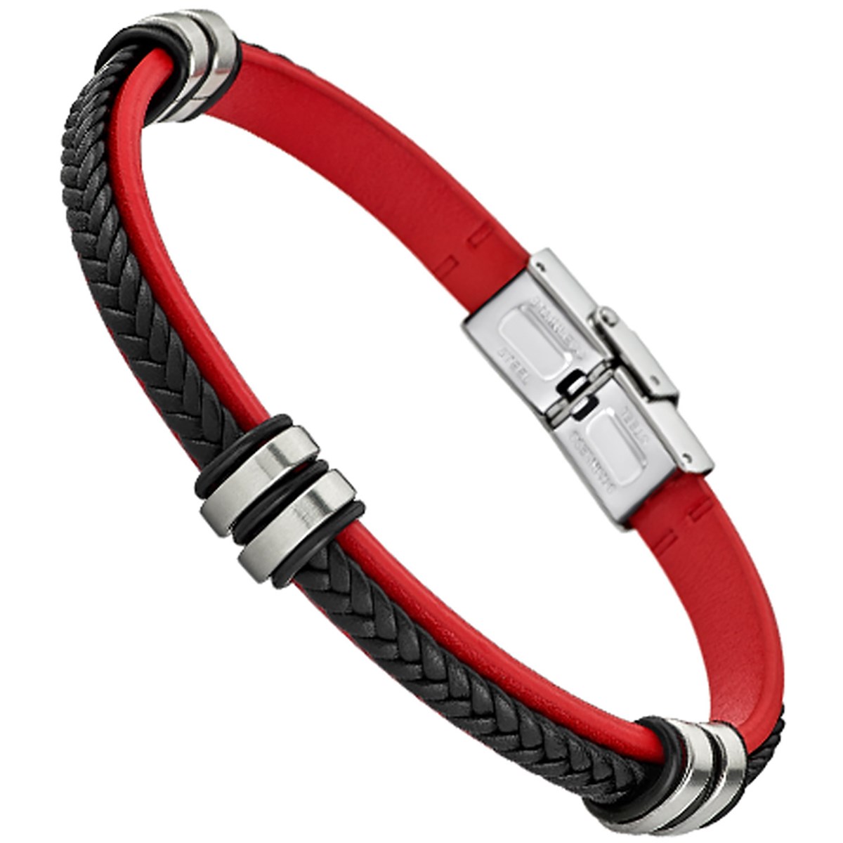 Bracelet Lotus homme cuir tressé noir et rouge